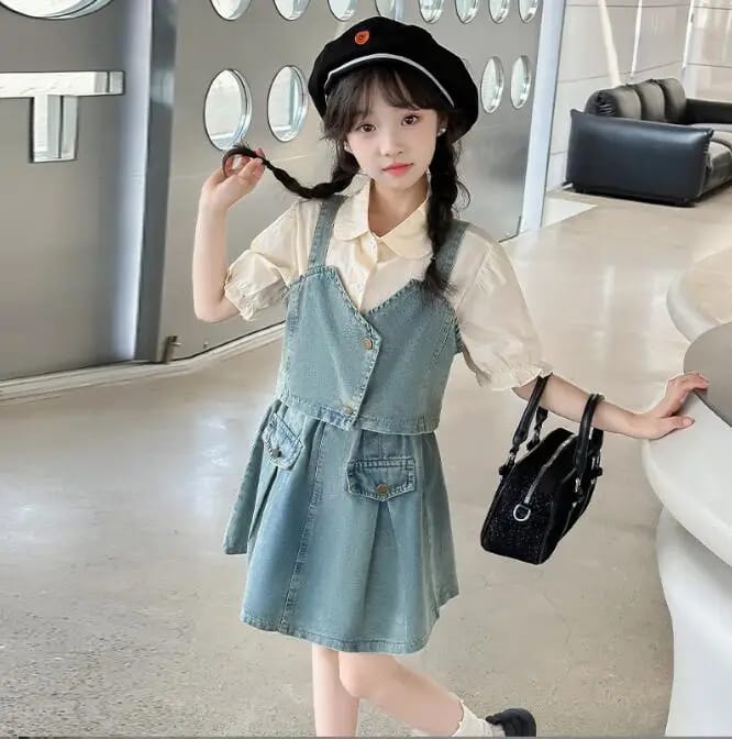 Korea style girls 2 pcs denim set vest+skirt good quality